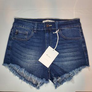 Kancan Women's Mid Rise Frayed Hem Denim Shorts Stretch Blue NWT 7/27